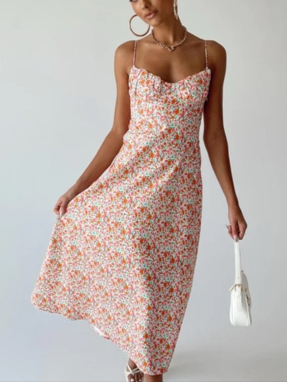 Princess Polly White Floral Midi Dress with Pink & Orange Accents